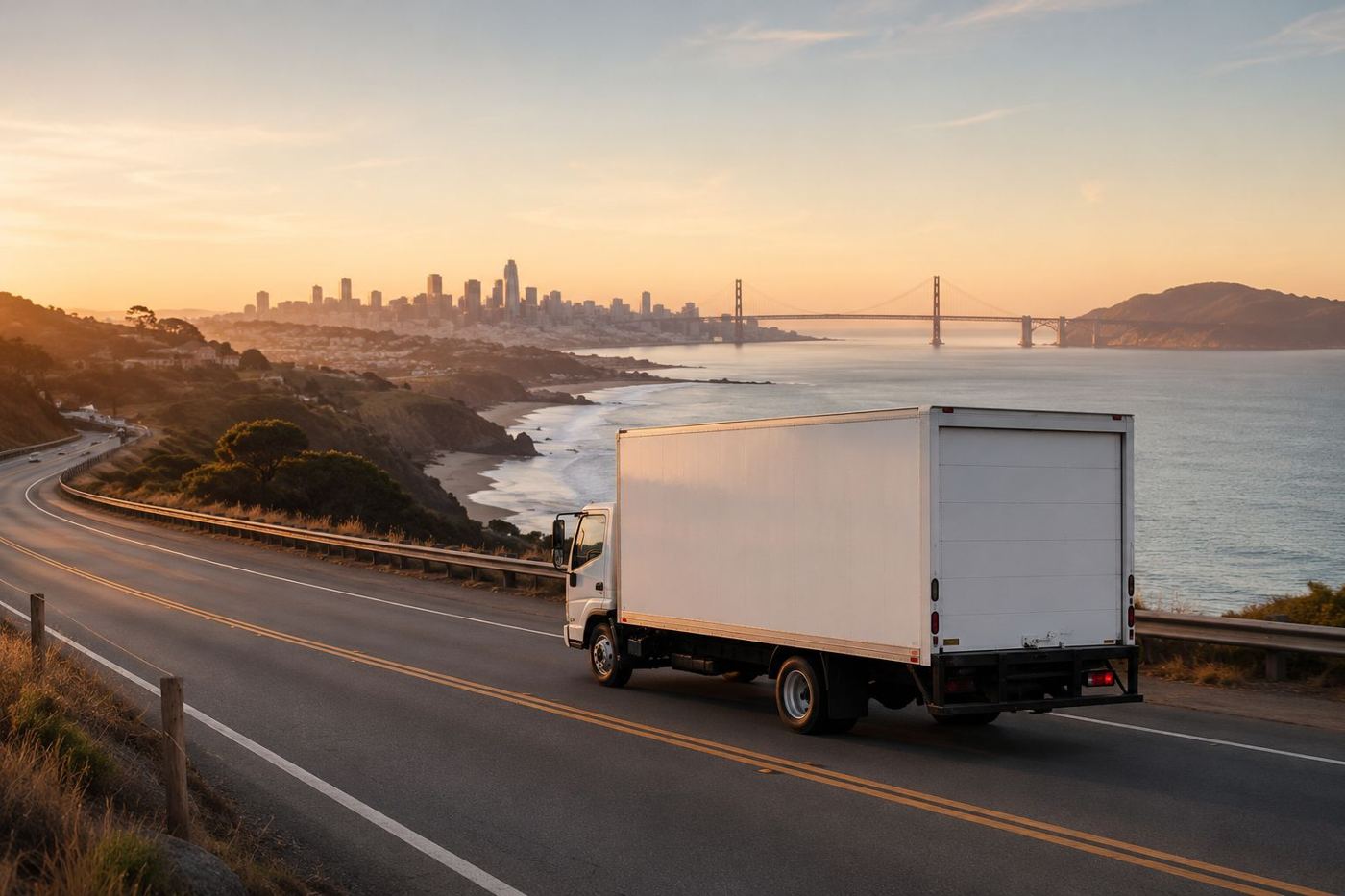 Moving truck driving along the California coast toward San Francisco