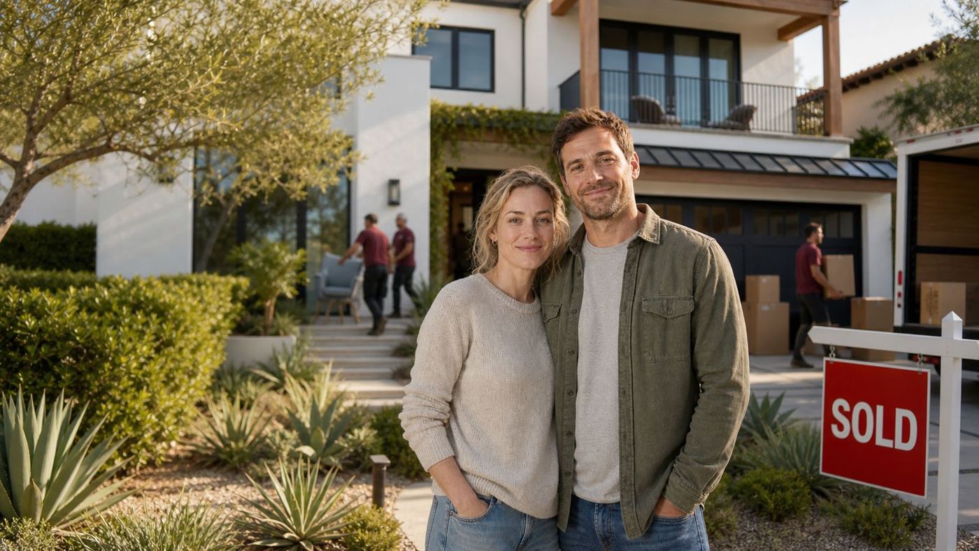 Happy homeowners in front of their newly purchased home with a sold sign